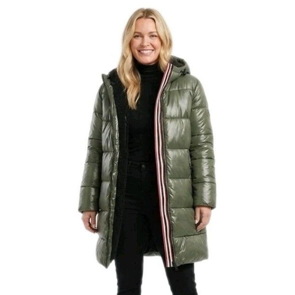 Hunter Glossy Hooded Puffer Jacket Sherpa Lined Mid Length Green Women's XL